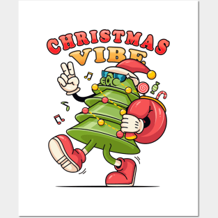 Christmas vibe. Christmas tree cartoon mascot carries a bag of gifts Posters and Art